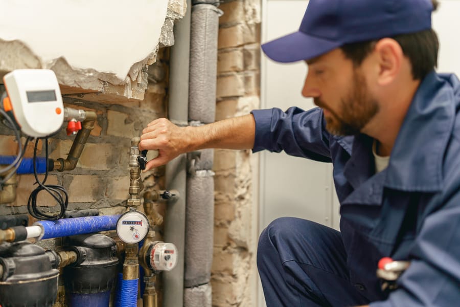 Professional plumber in uniform turning off a water valve before starting pipe repair